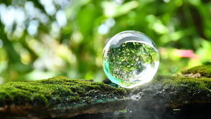 World environment day. glass sphere reflecting lush green foliage and sunlight, circular economy renewable energy . sustainable development resting  natural environment.