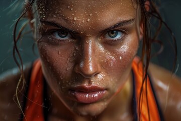 close-up of a female athlete's face, drenched in sweat, showcasing her Raw emotion and fierce gaze highlight the dedication required in high-level sports.