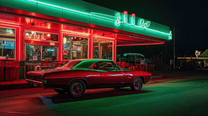 Drive in cafe and restaurant with vintage car located in front at night