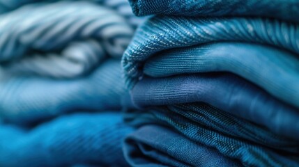 Detailed close-up of neatly folded blue fabrics, showcasing various textures and shades in a soft focus arrangement.