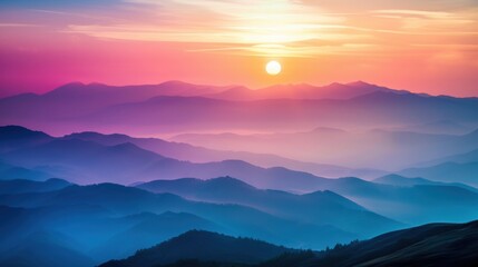 Breathtaking view of a colorful sunrise over a misty mountain range, featuring layers of hills in vibrant shades.