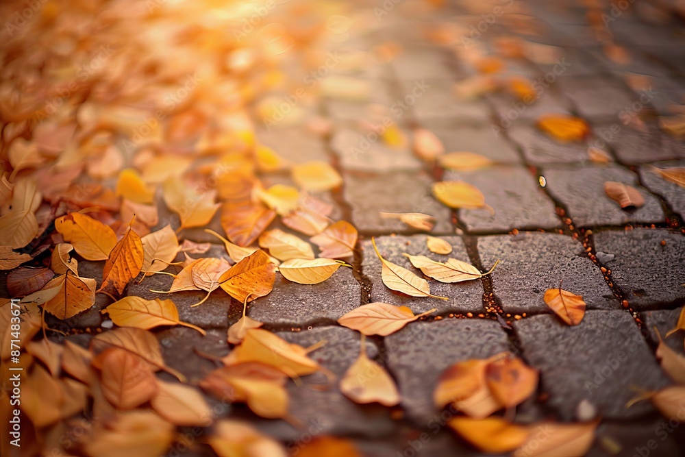 Poster close-up view of fallen autumn leaves on a cobblestone alley, with shallow depth of field emphasizin