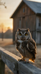 a owl sitting on a fence with a barn in the background