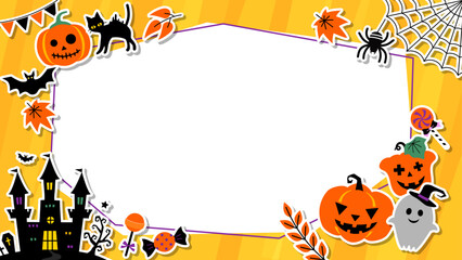 ハロウィンのコピースペース付き背景イラストフレーム　かぼちゃとおばけとお城