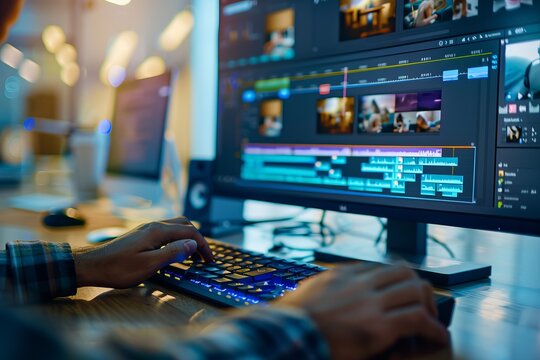 A video editors hands work diligently on a computer, meticulously editing footage on a large monitor. The workspace is modern and well-lit, highlighting the focused effort of the editor