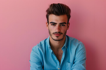 Obraz premium Stylish man in a blue shirt posing against a pink background