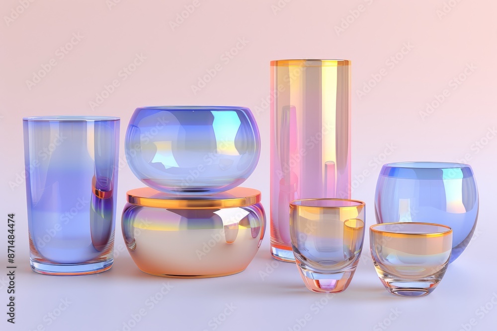 Aufkleber minimalist glassware set with a modern design showcasing colorful reflections and sleek lines in a c