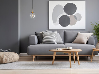 Pouf and wooden table in modern living room with painting above gray corner couch. real picture