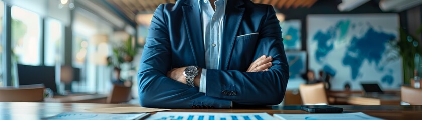 A man in a blue jacket with his arms crossed, sitting at a table.