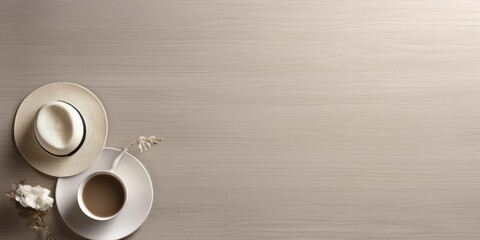 Coffee Cup and Hat on Light Wooden Table