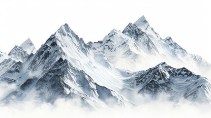 A winter mountain landscape with snowy peaks and a clear sky. white background.