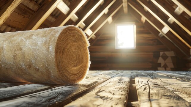 Mineral rockwool roll in unfinished house attic with empty space
