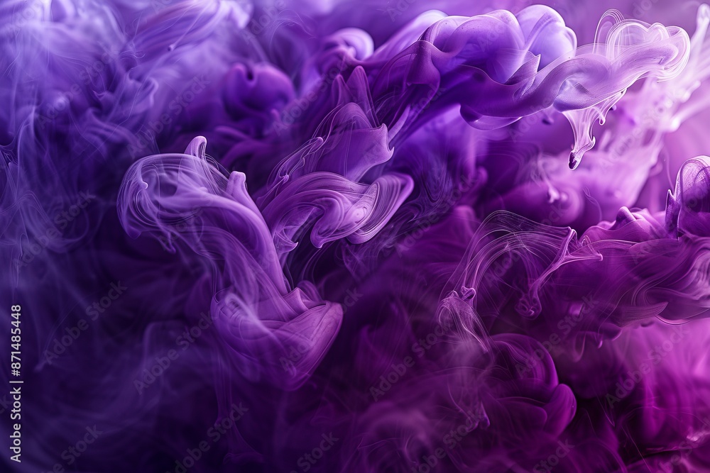 Poster closeup of purple ink swirling in water, creating an abstract and mesmerizing pattern