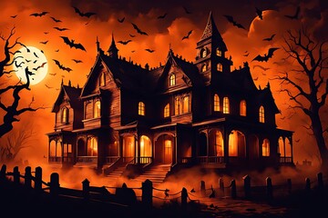 Halloween haunted house orange dark weird background.