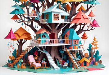 Fototapeta premium A colorful, whimsical, magic tree house-like structure with various objects, furniture, and architectural elements, White background