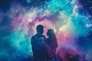 A close-up photo of a man and woman silhouetted against a vibrant night sky filled with stars and nebulae