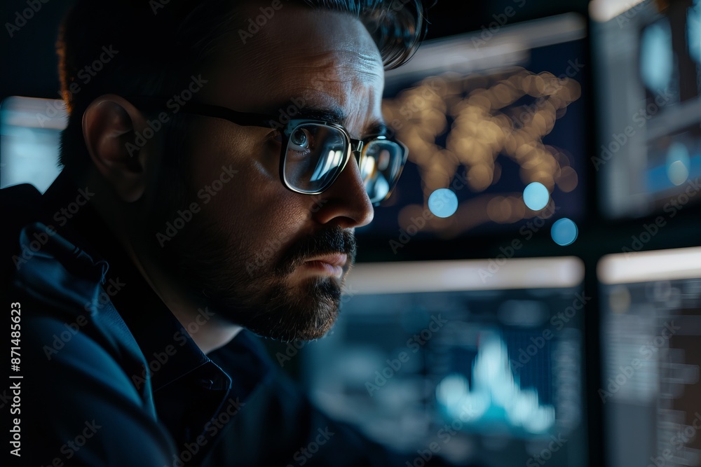 Poster closeup portrait of a cybersecurity expert focusing intently on multiple screens in a dimly lit offi