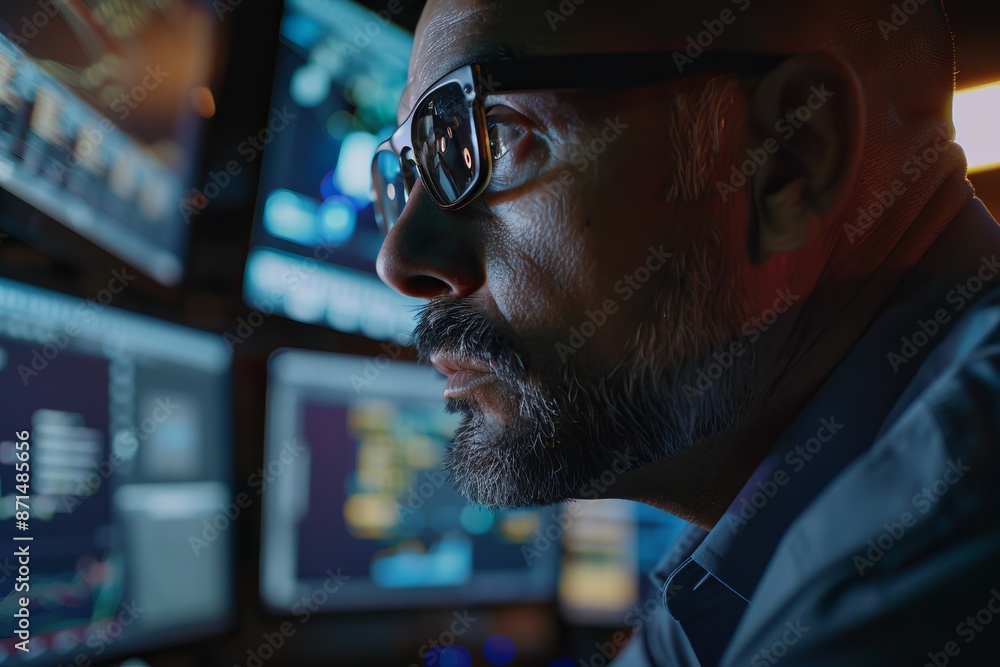Poster a close-up photograph of a cybersecurity expert analyzing data on multiple computer screens. his foc