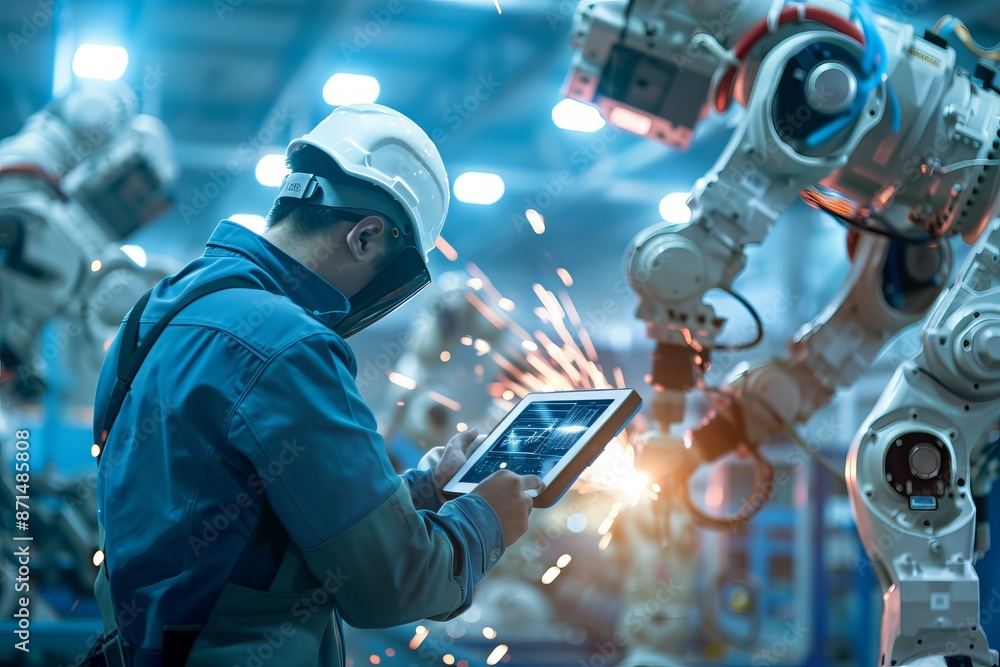 Poster an engineer wearing safety gear analyzes data on a tablet while overseeing automated welding process