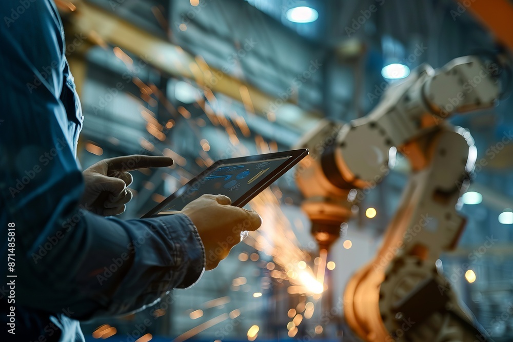 Poster a male engineer uses a tablet to analyze data while supervising an automated welding process in a ma