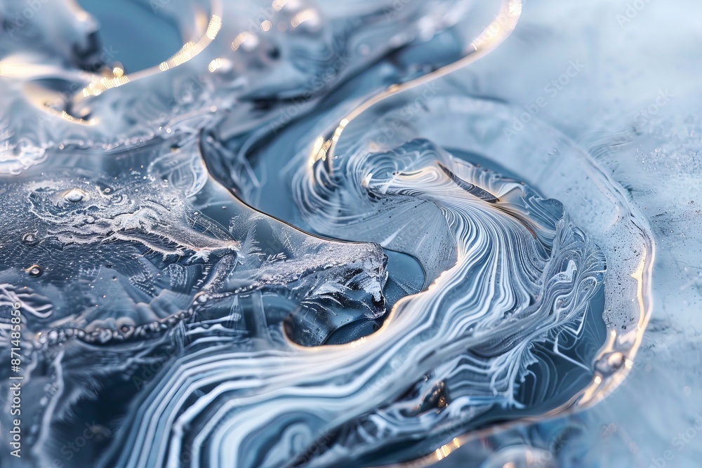Poster a close-up shot of intricate ice patterns on the surface of a frozen lake. the ice has melted and re