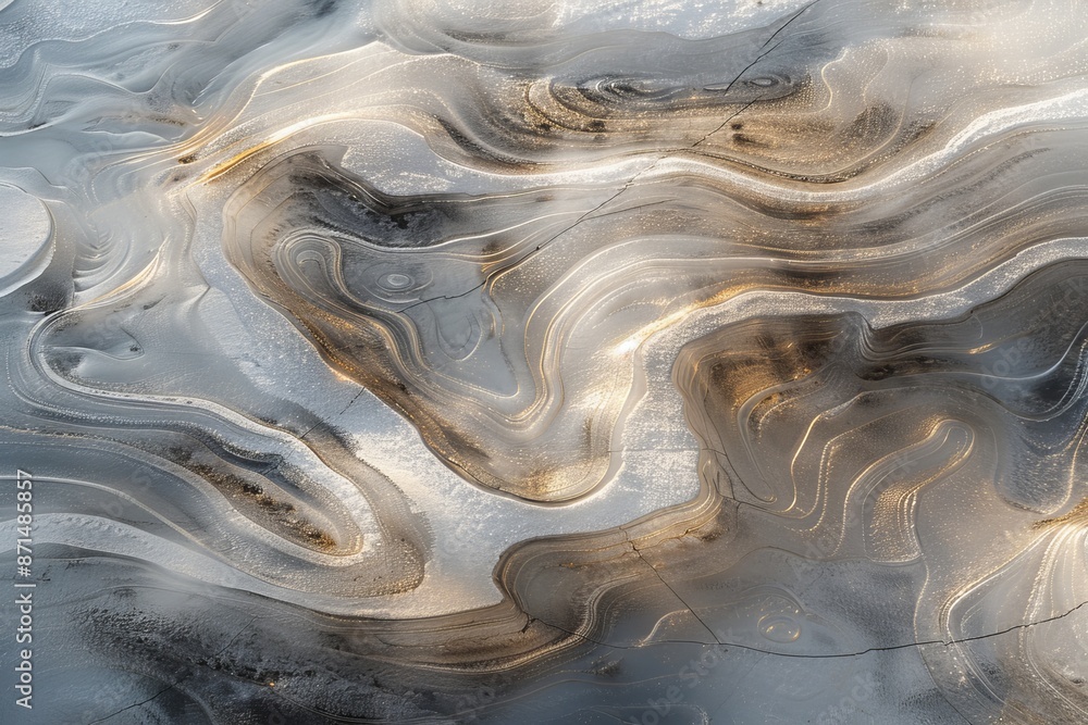 Poster a close-up photograph capturing the abstract swirls and patterns formed by melting ice on a winter l