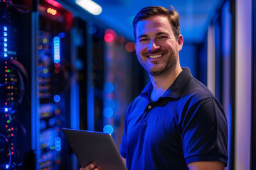 Smiling IT technician holding a tablet in a server room with blue and red lights