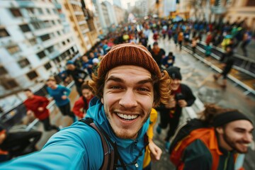 Obraz premium A young male marathon runner smiles broadly as he takes a selfie during a race through an urban environment. The runner is wearing a blue jacket and a brown beanie