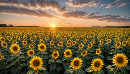 Obraz premium A vast field of blooming sunflowers under a dramatic sunset sky with vibrant orange and yellow hues, the sunflowers filling the frame and the sun's rays peeking through the clouds