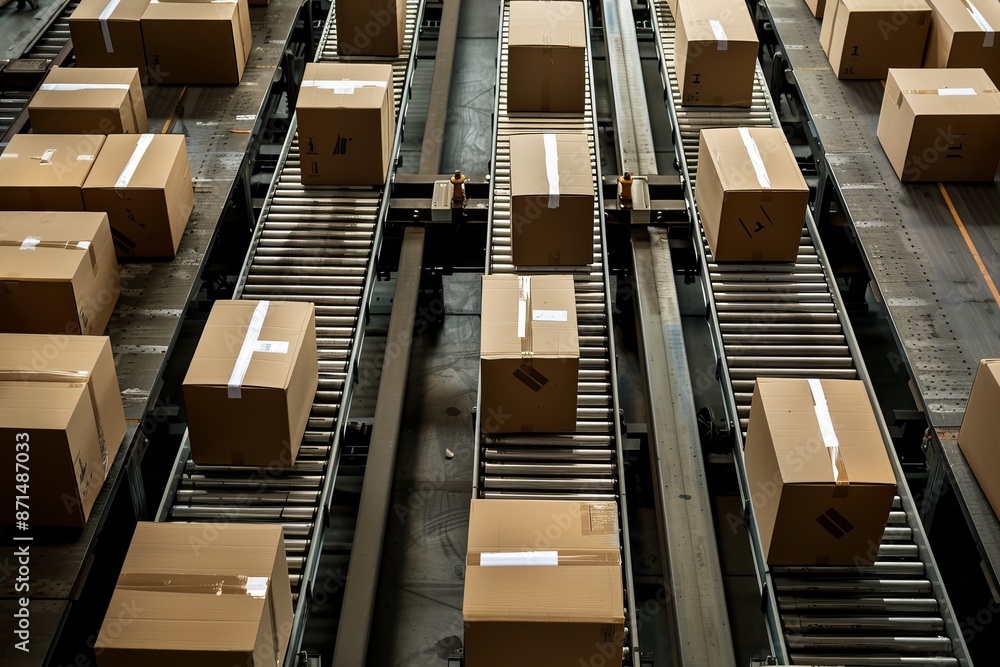 Poster an overhead view of a modern warehouse showcasing multiple cardboard boxes being transported rapidly