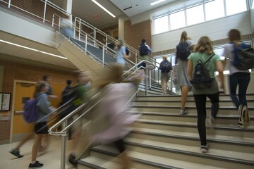 A dynamic photo of high school students rushing up a staircase between classes, captured in motion with a blurred effect