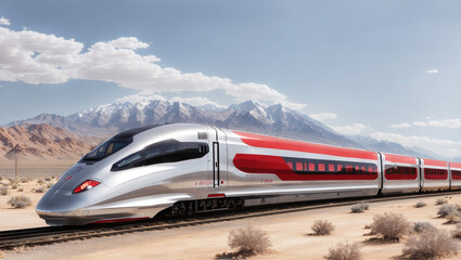 Fototapeta premium A sleek, red high-speed train is traveling through a desert landscape with mountains in the background.