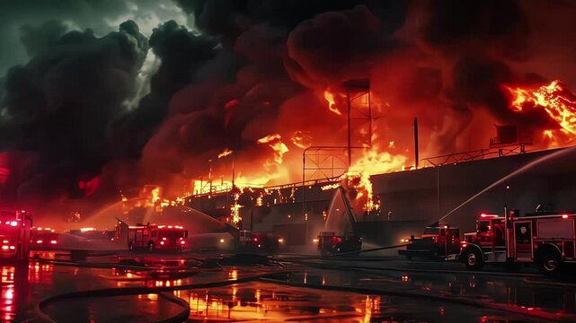 Big warehouse building burning at night