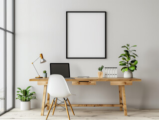 Minimalistischer Raum mit Wand und Poster für Werbung. Tisch mit Stuhl im Vordergrund