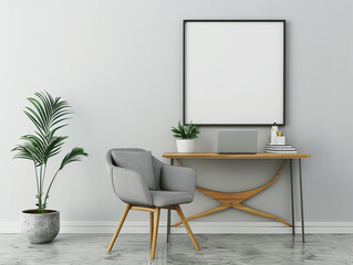 Minimalistischer Raum mit Wand und Poster für Werbung. Tisch mit Stuhl im Vordergrund