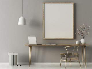 Minimalistischer Raum mit Wand und Poster für Werbung. Tisch mit Stuhl im Vordergrund