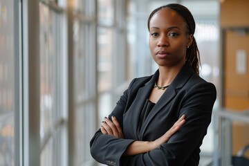 A portrait of a confident African American businesswoman standing in a modern office environment with her arms crossed
