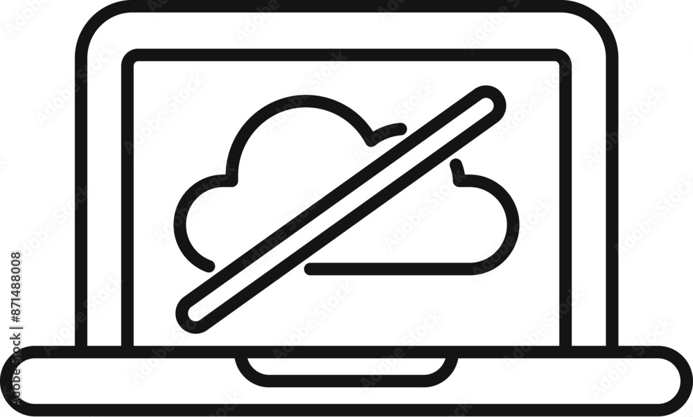 Poster minimalist outline icon of a laptop showing a crossed out cloud computing symbol, representing lack 