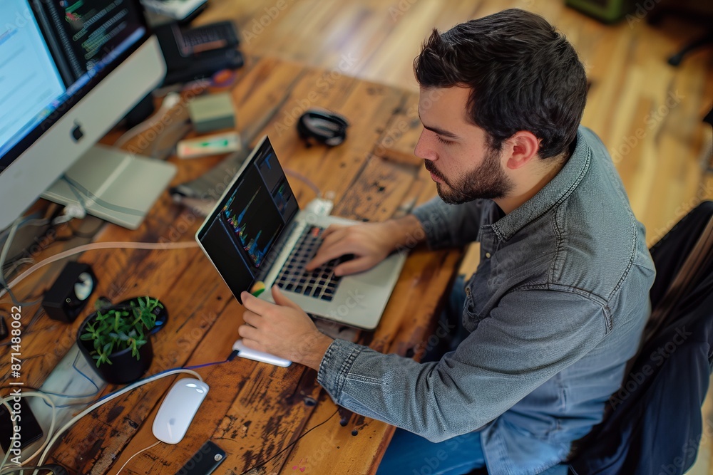 Poster a software developer works diligently on code, deeply immersed in their task, in a modern office set