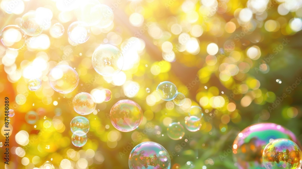 Aufkleber a mesmerizing display of sunlit bubbles floating in the air against a golden, bokeh-filled backgroun
