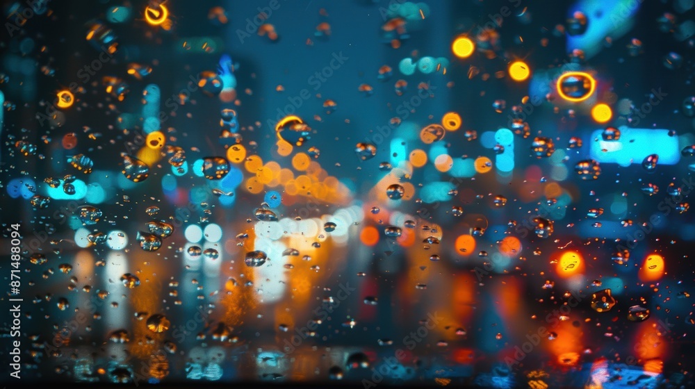 Aufkleber a captivating scene of raindrops on a window with blurred city lights in the background, creating a 