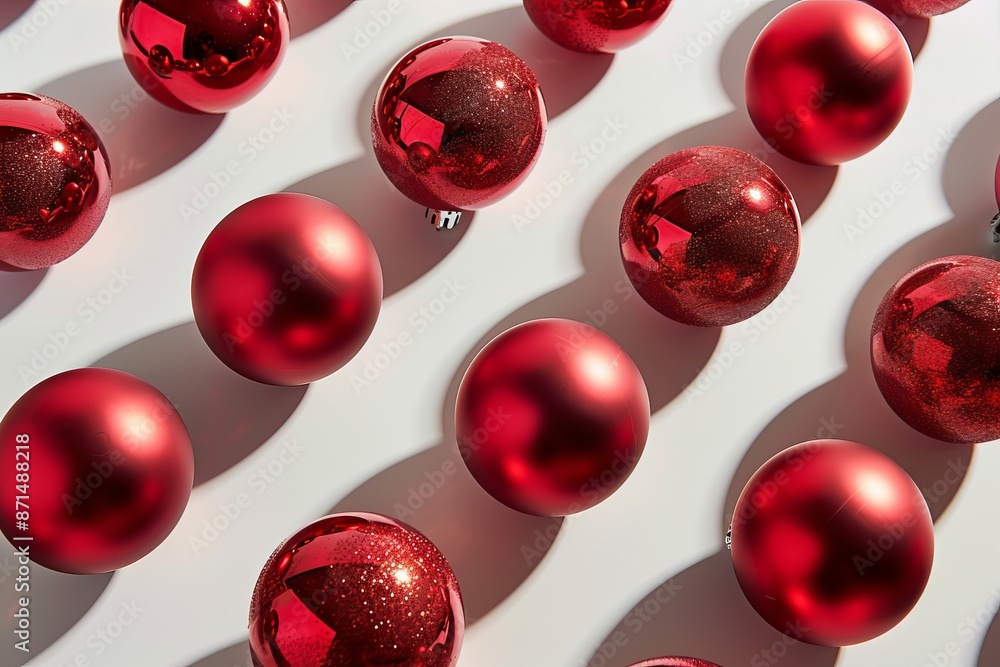 Poster a high angle view of a collection of red christmas ornaments arranged neatly on a white surface. the