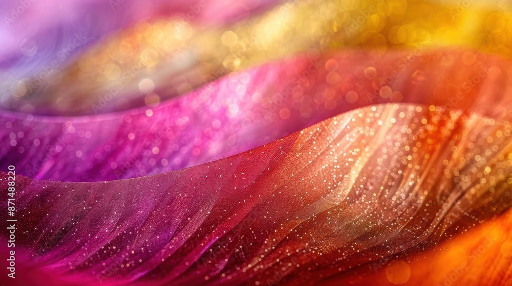 Poster close-up of abstract fabric in vibrant, glittering colors, creating a dazzling and dynamic visual ef
