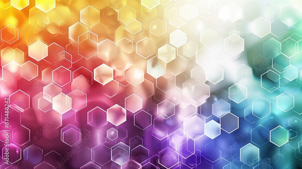 Poster an abstract background featuring colorful hexagonal patterns with bokeh effects, creating a vibrant 