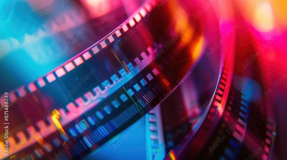 Poster close-up of abstract film strips in vibrant colors, creating a dynamic and visually striking image.