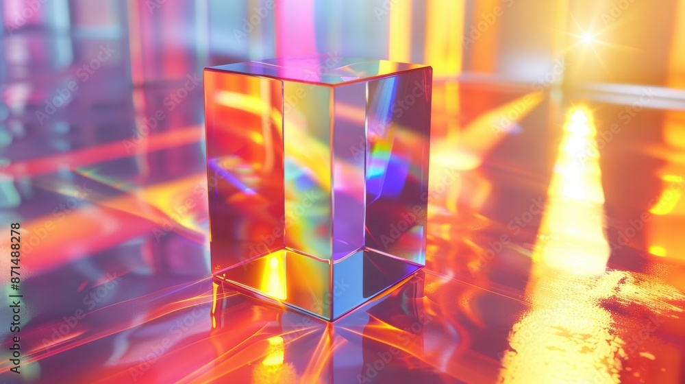 Poster a colorful prism reflecting vibrant lights, creating an abstract and dynamic visual effect with rain