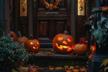 A high-angle view of a festive Halloween scene with several intricately carved pumpkin lanterns placed on a doorstep