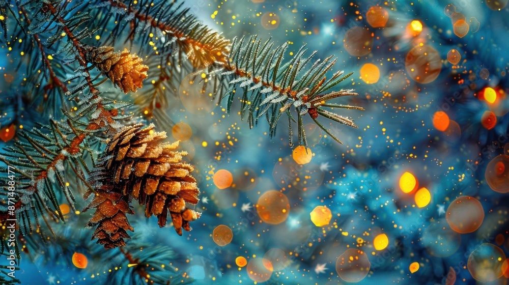 Poster frosty pine cones on a christmas tree branch with golden bokeh lights, creating a festive and winter