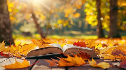 An open book lies among colorful autumn leaves in an outdoor setting, basking in warm sunlight.