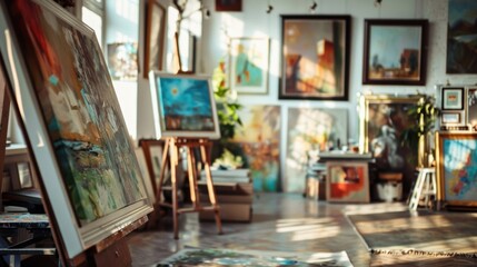 A bright, sunlit art studio filled with various paintings and art supplies, capturing a creative and vibrant atmosphere.